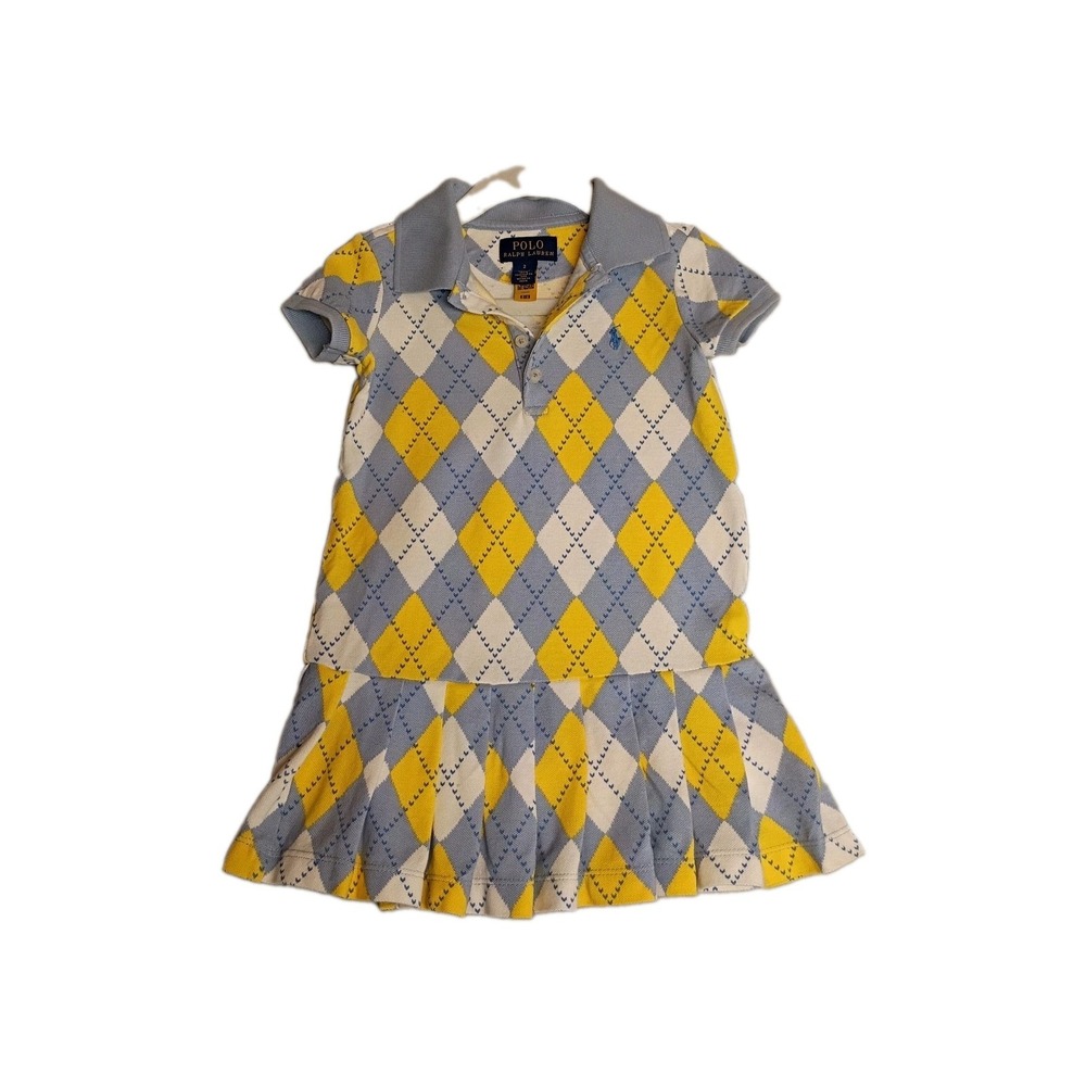 Polo Ralph Lauren Girls Argyle Mesh Polo Dress Blue Yellow White Size 2T